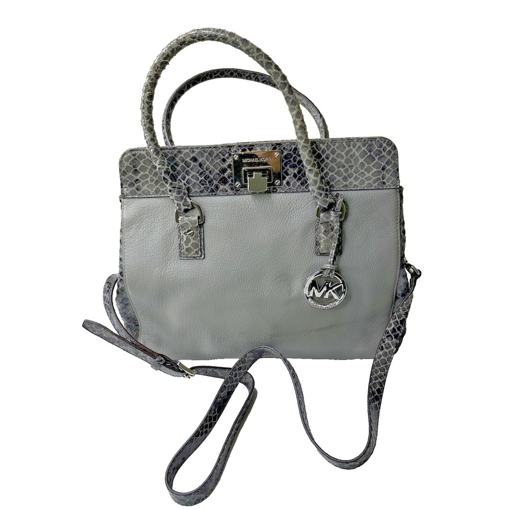 Michael Kors Hamilton Purse Gray Leather Python Embossed Satchel Bag